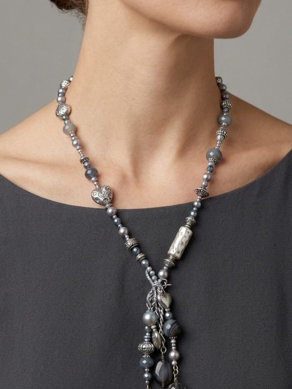 Vintage Chunky Silver Beaded Heart Lariat Necklace Boho Whimsigoth Tassel Drop